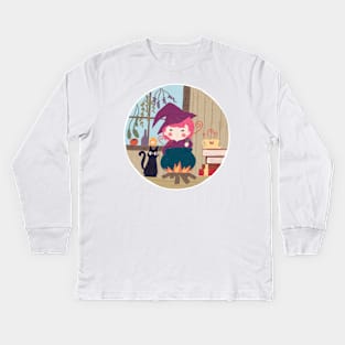 Cute Pink Witch Girl Illustration Kids Long Sleeve T-Shirt